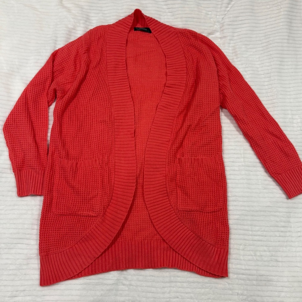 ZESICA Coral Red Waffle Knit Open Front Cocoon Cardigan Sweater with Pockets